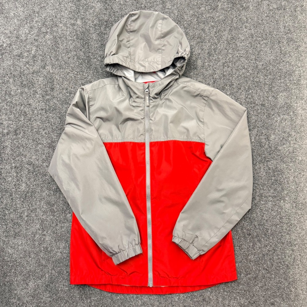 Eddie Bauer Boys Hooded Windbreaker Jacket Grey Red Colorblock Size L 14/16